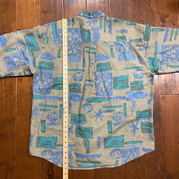 Bugle Boy Company Vintage Abstract Tan Teal Button Down Shirt Men's Size XL - Picture 7 of 7
